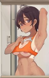 1girl absurdres ahoge armpit_hair armpits bra breasts bright_pupils brown_eyes brown_hair cleavage closed_mouth commentary_request gatchan highres holding holding_razor looking_at_mirror make_heroine_ga_oo_sugiru! medium_breasts mirror navel nipple_slip nipples orange_bra razor safety_razor shaving shaving_armpit short_hair solo sweat tan tanline trembling underwear white_pupils yakishio_lemon