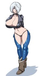 1girl angel_(kof) arms_behind_back blue_eyes boots breasts cleavage curvy female_focus gloves highres huge_breasts jacket large_breasts latex leather looking_at_viewer midriff pale_skin reiduran shiny_clothes shiny_skin short_hair smiley_face standing the_king_of_fighters thick_thighs thighs wide_hips