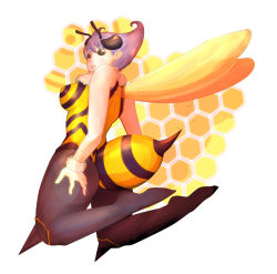 1girl antennae arthropod_girl ass bee bee_girl bug capcom darkstalkers donguri_(acorncafe) female_focus full_body honeycomb_(pattern) honeycomb_background honeycomb_pattern insect insect_girl insect_wings looking_back monster_girl no_pupils pantyhose purple_hair purple_pantyhose q-bee short_hair solid_eyes solo wings