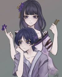 1boy 1girl alternate_hairstyle black_hair blunt_bangs blunt_ends braid bright_pupils closed_mouth clothing_cutout collarbone colored_inner_hair comb delisha_lia eyelashes fan_hair_ornament floral_print floral_print_kimono flower furisode genshin_impact grey_background hair_flower hair_ornament hairclip hand_on_own_face hands_up highres holding holding_comb holding_flower japanese_clothes kimono looking_at_another looking_down looking_to_the_side mole mole_under_eye mother_and_son multicolored_hair off_shoulder print_kimono purple_flower purple_hair purple_kimono raiden_shogun red_rope rope scaramouche_(genshin_impact) short_sleeves shoulder_cutout side_braid signature smile split_mouth tassel tassel_hair_ornament tsurime white_pupils wispy_bangs