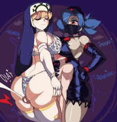 +_+ 1boy 2girls absurdres between_breasts black_gloves black_nightgown blonde_hair blue_hair blush bra breasts captain_kirb cum double_(skullgirls) elbow_gloves english_text eyepatch faceless faceless_male femdom girl_sandwich gloves hand_on_another&#039;s_chest head_between_breasts highres large_breasts lingerie multiple_girls nightgown nun nurse one-eyed panties penis red_eyes sandwiched shota skullgirls smother thick_thighs thigh_sex thighs underwear valentine_(skullgirls) white_bra white_panties