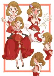1boy 1girl :d @_@ arutarika_(ri_kaoekaki) bare_shoulders black_eyes black_gloves blush brown_hair closed_mouth creatures_(company) dated dress elbow_gloves full-face_blush game_freak gen_3_pokemon gloves hair_ornament heart latias legendary_pokemon looking_at_viewer may_(anniversary_2022)_(pokemon) may_(pokemon) multiple_views nintendo official_alternate_costume official_alternate_hairstyle open_mouth pokemon pokemon_(creature) pokemon_masters_ex red_dress short_hair skirt_hold sleeveless sleeveless_dress smile steven_stone torchic twitter_username wavy_mouth