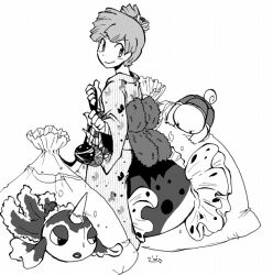1girl asymmetrical_hair barefoot black_eyes blush gen_1_pokemon goldeen hair_ornament hair_tie holding japanese_clothes kettle3 kimono misty_(pokemon) monochrome nintendo orange_hair pokemon pokemon_adventures ponytail ribbon robe seaking short_hair side_ponytail sitting squirtle traditional_clothes
