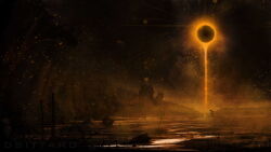 1boy armor dark_souls_(series) dark_souls_iii dsittaro eclipse fire highres kneeling scenery solo soul_of_cinder