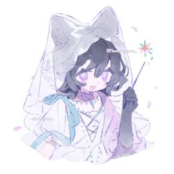 1girl :d animal_ears black_hair cropped_torso dress elbow_gloves fang gloves hair_between_eyes hair_ornament hand_up looking_at_viewer memuro open_mouth original petals puffy_short_sleeves puffy_sleeves purple_eyes short_sleeves smile solo twitter_username upper_body veil