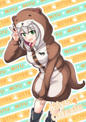 1girl boots character_name english_text green_eyes green_hair highres long_sleeves looking_at_viewer miyu_ottavia miyu_ottavia_(1st_costume) multicolored_hair nijisanji nijisanji_id nugi_(armenci) onesie otter_costume red_hair short_hair solo streaked_hair v virtual_youtuber zipper_footwear