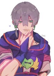 1boy belt birthmark blue_bridal_gauntlets blue_hoodie braid earrings green_eyes grey_hair grey_sleeves hair_between_eyes hair_ornament heart_ornament hood hoodie jewelry jodio_joestar joestar_birthmark jojo_no_kimyou_na_bouken long_bangs looking_at_viewer male_focus pink_belt pink_sleeves r_rist short_sleeves side_braid single_braid single_earring solo star_(symbol) star_hair_ornament the_jojolands upper_body white_background