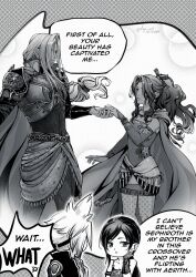 2boys 2girls aerith_gainsborough aerith_gainsborough_(terra&#039;s_garb) armlet armor bare_shoulders black_hair black_jacket breasts cape cleavage cloud_strife cloud_strife_(locke&#039;s_outfit) cosplay dated detached_sleeves dress edgar_roni_figaro edgar_roni_figaro_(cosplay) english_text final_fantasy final_fantasy_vi final_fantasy_vii final_fantasy_vii_ever_crisis floral_print greyscale hair_ribbon hand_on_own_cheek hand_on_own_face headband highres holding_hands jacket jewelry kay-i locke_cole locke_cole_(cosplay) long_hair low-tied_long_hair low_ponytail medium_breasts monochrome multiple_boys multiple_girls official_alternate_costume pantyhose parted_bangs parted_lips ponytail popped_collar print_dress print_pantyhose ribbon sabin_rene_figaro sabin_rene_figaro_(cosplay) sash sephiroth sephiroth_(edgar&#039;s_attire) short_dress short_hair shoulder_armor sidelocks speech_bubble spiked_hair strapless strapless_dress terra_branford_(cosplay) tifa_lockhart tifa_lockhart_(sabin&#039;s_style) tina_branford tube_dress twitter_username waist_sash wavy_hair