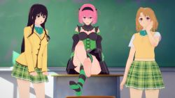 3d 3girls barefoot blush embarrassed foot_tease happy highres kotegawa_yui leaning_forward leg_lift momioka_risa momo_velia_deviluke multiple_girls sad sitting smile spread_legs to_love-ru to_love-ru_darkness