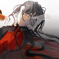 Rule 34 | 1boy, 1other, aaawwwssslll, bishounen, black hair, black hanfu, blood, blood from mouth, blood on face, blood on neck, chinese clothes, chinese commentary, closed eyes, coat, dao gui yi xian, disembodied hand, gradient background, hair down, hanfu, highres, li huowang, long hair, long sleeves, lying, male focus, messy hair, out of frame, red coat, scar, scar on neck, solo focus, transparent hand, upper body