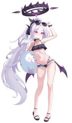 1girl adjusting_eyewear ball bikini black_bikini black_sandals blue_archive demon_girl demon_horns demon_wings denim denim_shorts doodle_sensei_(blue_archive) eyewear_on_head frilled_bikini frills highres hina_(blue_archive) holding holding_ball horns long_hair looking_at_viewer miho_(user7939139) open_clothes open_shorts parted_bangs ponytail purple_eyes sandals sensei_(blue_archive) short_shorts shorts sidelocks solo sunglasses swimsuit torn_clothes torn_shorts very_long_hair white_hair wings