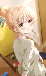 1girl :o absurdres against_table alternate_hairstyle blush from_side highres indoors long_sleeves looking_at_viewer otonari_no_tenshi-sama_ni_itsu_no_mani_ka_dame_ningen_ni_sarete_ita_ken sa07_drawing shiina_mahiru_(otonari_no_tenshi-sama) short_hair_with_long_locks solo sweater white_sweater