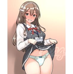 1girl alternate_costume ashigara_(kancolle) blush bow bow_panties brown_hair clothes_lift collared_shirt commentary_request dress dress_lift embarrassed forced_smile full-face_blush furaggu_(frag_0416) gradient_background grey_dress grey_eyes grin hair_between_eyes kantai_collection lanyard lifting_own_clothes long_hair long_sleeves looking_at_viewer navel panties shirt shirt_lift sidelocks smile underwear watermark white_panties white_shirt
