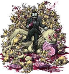 1boy blood creepy food gen_1_pokemon giovanni_(pokemon) guro horror_(theme) lowres meat meowth nintendo persian pixel_art pokemon pokemon_(creature) team_rocket tusika unko_sarada_tokisada