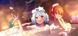 +_+ 2girls bath blue_eyes blue_hair blurry blurry_background blush breasts bubble_bath candle christmas_tree closed_mouth collarbone commentary_request foam garland_(decoration) hair_between_eyes hand_on_own_face hand_up hands_up heterochromia highres indoors large_breasts looking_at_another looking_up multiple_girls nnyara open_mouth red_eyes red_hair sekibanki short_hair sidelocks sitting smile sparkle star_(symbol) tatara_kogasa touhou window