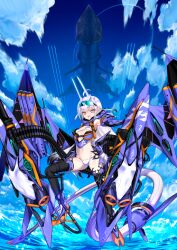 :d ahoge aircraft arm_at_side arm_up armor bikini black_gloves black_thighhighs blue_background blue_sky boots breasts choco_(chocolate_shop) cloud contrail dragon_girl dragon_tail dragon_wings elbow_gloves exoskeleton eyewear_on_head fate/grand_order fate_(series) game_cg gloves gorget gradient_hair hand_up horns leg_up legs_apart long_hair long_tail looking_at_viewer low_wings mechanical_wings melusine_(fate) melusine_(swimsuit_ruler)_(fate) melusine_(swimsuit_ruler)_(third_ascension)_(fate) multicolored_hair navel ocean official_art open_mouth orange_eyes outstretched_arm purple_armor purple_boots purple_wings sidelocks sky small_breasts smile splashing swimsuit tail thighhighs third-party_source variant_set vehicle_request very_long_hair white_bikini white_hair white_horns white_tail wings
