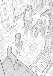 Rule 34 | 1girl, 2boys, :3, :d, ?, absurdres, alley, animal ears, arm up, backpack, bag, bear ears, bear girl, blowing smoke, blunt ends, blunt sidelocks, brick road, cat, cat boy, cat ears, cat tail, cigarette, city, commentary, confused, dress, english commentary, evil grin, evil smile, extra ears, eyes in shadow, facing another, from above, go! go! gris!, greyscale, grin, gris (go! go! gris!), half-closed eyes, half updo, hand in pocket, hand up, highres, holding, holding cigarette, holding knife, hood, hood down, hooded coat, jacket, kneehighs, knife, leaning forward, leg warmers, legs apart, long sleeves, looking at another, monochrome, mugging, multiple boys, narrowed eyes, open clothes, open jacket, open mouth, original, outstretched arm, pants, pavement, pointing melee weapon, ponytail, shirt, shoes, short dress, short hair, short ponytail, sidelocks, smile, smoke, smoke trail, smoking, socks, standing, suit jacket, tail, tail raised, threat, vertigris