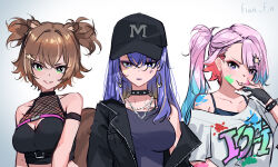 Rule 34 | 3girls, airani iofifteen, alternate costume, animal ears, ayunda risu, blonde hair, blue hair, breasts, brown hair, colored inner hair, double bun, fian f.n, gradient hair, green eyes, hair bun, hair ornament, hat, hololive, hololive indonesia, jacket, long hair, looking at viewer, moona hoshinova, multicolored hair, multiple girls, pink hair, purple eyes, purple hair, side ponytail, sidelocks, squirrel ears, squirrel girl, squirrel tail, tail, virtual youtuber