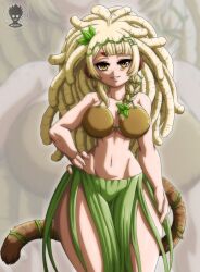 1girl animal_ears artist_logo bananajuju blonde_hair brown_eyes brown_tail coconut_bra dreadlocks grass_skirt hand_on_own_hip highres indie_virtual_youtuber logo long_hair looking_at_viewer monkey_ears monkey_girl monkey_tail navel plant_clothing solo suture_art tail virtual_youtuber zoom_layer