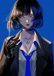 1girl absurdres black_choker black_coat black_hair blue_background blue_necktie breasts choker cigarette cleavage coat eyeliner gloves highres holding holding_cigarette looking_at_viewer makeup medium_hair necktie original red_lips red_pupils syakemayusan yellow_eyes
