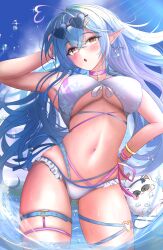 1girl absurdres ahoge arm_behind_head bikini blue_hair breasts cowboy_shot earrings hand_on_own_hip heart heart_ahoge highres hololive jewelry large_breasts layered_bikini long_hair multi-strapped_bikini_bottom multi-strapped_bikini_top multicolored_hair navel ocean partially_submerged pink_hair solo_focus streaked_hair swimsuit two-tone_hair very_long_hair virtual_youtuber waniwani_(wasabiwaniwani) water white_bikini yukihana_lamy yukimin_(yukihana_lamy)