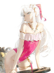 1girl absurdres aqua_eyes bare_shoulders bow carlotta_(splashing_summer)_(wuthering_waves) carlotta_(wuthering_waves) casual_one-piece_swimsuit commentary dudrinm flat_chest flower hair_bow hair_flower hair_ornament highleg highleg_one-piece_swimsuit highres jewelry leaning_forward long_hair looking_at_viewer necklace off-shoulder_one-piece_swimsuit off_shoulder official_alternate_costume one-piece_swimsuit pink_bow pink_one-piece_swimsuit sidelocks solo striped_bow swimsuit thighs very_long_hair white_flower white_hair wuthering_waves