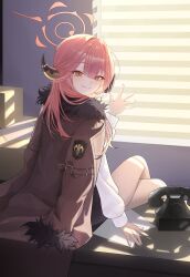 1girl absurdres antique_phone aru_(blue_archive) blue_archive box box_stack brown_coat brown_horns coat coat_on_shoulders corded_phone crossed_legs demon_horns desk emblem fur-trimmed_coat fur_trim hair_between_eyes halo highres horns long_hair long_sleeves looking_at_viewer looking_back luz0207 on_desk orange_eyes paper parted_lips phone pink_hair pink_halo rotary_phone shadow shirt sitting skirt smile thighs waving white_shirt window window_blinds