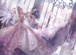 1girl absurdres blonde_hair blunt_bangs braid character_request chinese_commentary closed_mouth commentary_request crown crystal_wings day diamond_(gemstone) dress floating_clothes floating_hair full_body gold_crown gown grey_eyes highres indoors jiaopiupiu lipstick long_dress long_hair makeup mini_crown nikki_(series) outstretched_hand pink_dress pink_gemstone puffy_short_sleeves puffy_sleeves red_lips ruins shining_nikki short_sleeves single_braid solo very_long_hair white_wings window wings