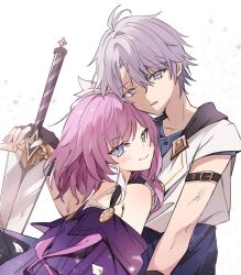 Rule 34 | 1boy, 1girl, bare shoulders, black gloves, blue eyes, coat, cyrene (honkai: star rail), fingerless gloves, gloves, hashtag-only commentary, holding, holding sword, holding weapon, honkai: star rail, honkai (series), multicolored hair, phainon (honkai: star rail), pink hair, pink pupils, purple coat, satorigame, shirt, short hair, simple background, smile, sword, two-tone hair, weapon, white background, white hair, white shirt