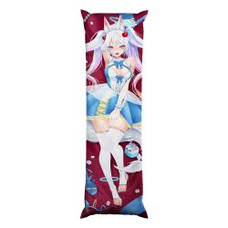 1girl animal_ears arched_soles blue_dress blue_eyes compression_leggings dakimakura_(object) dress elbow_gloves fox_ears fox_girl fox_tail gloves indie_virtual_youtuber kirsche_verstahl merchandise nail_polish official_art painted_toes pillow socks tail thighhighs toes twintails virtual_youtuber white_gloves white_hair white_socks