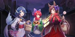 3girls adapted_costume alternate_costume animal_ears apron basket blue_eyes blue_hair blue_skirt blush bow brooch brown_hair brown_shirt candy candy_cane capelet closed_mouth commentary cosplay drill_hair drill_sidelocks eating english_commentary fins food food_on_face frilled_sleeves frills game_cg grass_root_youkai_network green_kimono hair_bow head_fins highres holding holding_basket holding_candy holding_food holding_lollipop imaizumi_kagerou imaizumi_kagerou_(cosplay) imaizumi_kagerou_(have_an_animal_cookie) jack-o&#039;-lantern japanese_clothes jewelry kimono lollipop long_hair long_sleeves maid mermaid misyune monster_girl multiple_girls obi official_art open_mouth outdoors petal_print print_kimono purple_bow red_capelet red_eyes red_hair red_scarf red_skirt ribbon-trimmed_sleeves ribbon_trim sash scarf sekibanki sekibanki_(cosplay) senbei shirt sidelocks skirt smile swirl_lollipop tail third-party_source touhou touhou_lostword trick_or_treat very_long_hair wa_maid wakasagihime wakasagihime_(cosplay) wakasagihime_(secret_kohakutou_candy_collection) white_apron white_kimono wide_sleeves wolf_ears wolf_girl wolf_tail