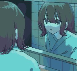 1girl asleep_onthebed bathrobe bathroom black_eyes blunt_bangs brown_hair from_behind highres leukocoria looking_at_self mirror open_mouth original partially_shaded_face pixel_art reflection reflection_focus solo tile_wall tiles
