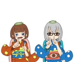 Rule 34 | 2girls, :d, black-framed eyewear, blue eyes, blue kimono, blush stickers, brown eyes, brown hair, brown kimono, closed mouth, commentary request, glasses, grey hair, highres, index fingers raised, japanese clothes, kappa, kimono, koi dance, multiple girls, obi, open mouth, original, outstretched arm, polka dot, polka dot kimono, sash, simple background, smile, upper body, white background, yukimoto shuuji (gurigura)