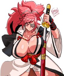 1girl annoyed arc_system_works arm_up artist_name baiken bandages black_gloves black_kimono blush breasts center_opening closed_mouth collarbone cowboy_shot dated embarrassed eyebrows eyelashes eyepatch female_focus fingerless_gloves gloves guilty_gear guilty_gear_strive holding holding_sword holding_weapon huge_breasts japanese_clothes katana kimono long_hair looking_at_viewer matching_hair/eyes one_eye_closed pink_eyes pink_hair ponytail scar scar_across_eye scar_on_face simple_background solo standing sword tsundere two-tone_kimono vkid weapon white_background white_kimono wide_sleeves