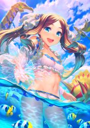 1girl :d bikini blue_sky breasts brown_hair butterflyfish caustics cloud collarbone cowboy_shot day detached_sleeves dinosaur fate/grand_order fate_(series) fish floating_hair frilled_bikini frills game_cg hair_ornament hands_up leonardo_da_vinci_(fate) leonardo_da_vinci_(fate/grand_order) leonardo_da_vinci_(rider)_(fate) leonardo_da_vinci_(swimsuit_ruler)_(fate) leonardo_da_vinci_(swimsuit_ruler)_(final_ascension)_(fate) looking_at_viewer navel non-humanoid_robot ocean official_art open_mouth parted_bangs partially_submerged partially_underwater_shot plesiosaur robot robot_animal robot_bird sidelocks simosi sky small_breasts smile solo splashing standing swimsuit teeth third-party_source triceratops tropical_fish twintails upper_teeth_only water white_bikini white_sleeves