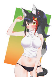 1girl animal_ears black_hair black_panties blush breasts brown_eyes commentary_request cowboy_shot gluteal_fold gradient_background green_background hair_ornament highres hololive kani_bonara large_breasts long_hair looking_at_viewer low-tied_long_hair multicolored_background multicolored_hair navel no_pants ookami_mio ookami_mio_(street) orange_background panties ponytail red_hair solo streaked_hair tail tail_around_own_leg underwear virtual_youtuber white_background wolf_ears wolf_girl wolf_tail