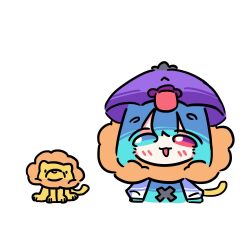 1girl animal animal_costume blue_eyes blue_hair chibi commentary heterochromia karakasa_obake kourihase lion lion_costume looking_at_viewer open_mouth red_eyes short_hair simple_background tatara_kogasa touhou umbrella upper_body white_background