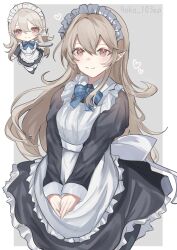 Rule 34 | 1girl, absurdres, alternate costume, apron, black dress, blue bow, blush, bow, breasts, chibi, closed mouth, dress, female corrin (fire emblem), fire emblem, fire emblem fates, glass, grey hair, hair between eyes, headdress, heart, highres, holding, holding tray, long hair, long sleeves, looking at viewer, maid, maid apron, maid headdress, medium breasts, nintendo, pointy ears, red eyes, simple background, smile, tray, white apron, yoka (103xp)