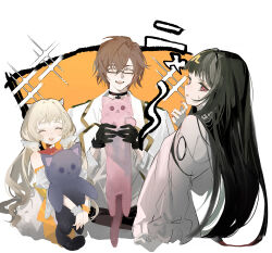 1boy 2girls ^_^ animal beatrice_(forever_7th_capital) black_cat black_choker black_gloves black_hair blonde_hair brown_hair cat choker closed_eyes forever_7th_capital gloves hair_between_eyes highres holding holding_animal holding_cat jacket long_hair multiple_girls pink_cat red_eyes rrrr_222 seth_(forever_7th_capital) short_hair smile sulette_(forever_7th_capital) twintails upper_body white_jacket