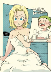 1boy 1girl aftersex alarm_clock android_18 bald bald_male bed blonde_hair blue_eyes blush breakfast clock closed_eyes coffee_mug collarbone couple cup dragon_ball earrings english_text happy highres hoop_earrings husband_and_wife jewelry kuririn morning mug open_mouth pink_mousse smile source_request surprised