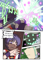 Rule 34 | 1boy, 1girl, absurdres, atawatsho, black hair, comic, commentary, english commentary, english text, genshin impact, glowing, gundam, gundam unicorn, highres, katheryne (genshin impact), mecha, nt-d, purple eyes, purple hair, robot, scaramouche (genshin impact), scaramouche (kabukimono) (genshin impact)