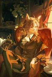 1girl absurdres animal_ear_fluff animal_ears arknights armchair ascot black_coat black_jacket black_nails black_thighhighs book brown_eyes brown_hair cabinet chair closed_mouth coat commentary_request crossed_legs cup curtains expressionless feet_out_of_frame flower highres holding holding_book indoors inkwell jacket long_hair long_sleeves looking_to_the_side mole mole_above_eye open_book penance_(arknights) picture_frame rose sanmu saucer sitting solo teacup thighhighs vase white_ascot white_flower white_rose window wolf_ears wolf_girl