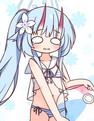 Rule 34 | &gt; &lt;, 1girl, :d, ball, beachball, bikini, blue archive, blue bikini, blue hair, blue halo, blush, breasts, chise (blue archive), chise (swimsuit) (blue archive), cowboy shot, flower, hair flower, hair ornament, halo, hana kazari, highres, holding, holding ball, horns, long hair, looking at viewer, navel, open mouth, parted lips, ponytail, red horns, sailor collar, side-tie bikini bottom, simple background, skin-covered horns, small breasts, smile, solo, swimsuit, teardrop, wavy mouth, white background, white sailor collar, wide oval eyes, xd