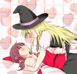 2girls apron ascot black_headwear black_skirt black_vest blonde_hair blush bow braid brown_hair cat closed_mouth commentary_request cookie_(touhou) detached_sleeves feet_out_of_frame frilled_hair_tubes frills girl_on_top hair_between_eyes hair_bow hair_tubes hakumai_(nicoseiga80737518) hakurei_reimu hat hat_bow heart highres kirisame_marisa long_hair looking_at_another manatsu_no_yo_no_inmu medium_hair miura_cat monochrome_background multiple_girls pinned puffy_short_sleeves puffy_sleeves purple_bow red_bow red_eyes red_shirt reu_(cookie) ribbon-trimmed_sleeves ribbon_trim shirt short_sleeves side_braid single_braid skirt sleeveless sleeveless_shirt sweatdrop touhou uzuki_(cookie) vest waist_apron white_apron white_shirt white_sleeves witch_hat yellow_ascot yellow_eyes yuri