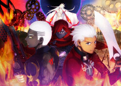1girl 3boys archer_(fate) armor back_tattoo black_shrug breasts cleavage closed_eyes commentary_request covered_mouth crew_cut dark-skinned_male dark_skin emiya_alter emiya_kiritsugu emiya_kiritsugu_(assassin) fate/grand_order fate/unlimited_codes fate_(series) grey_eyes gun highres hisohiso_(altoblue) holding holding_gun holding_sword holding_weapon irisviel_von_einzbern irisviel_von_einzbern_(caster) medium_breasts midriff miniskirt multiple_boys number_tattoo pixiv_fate/grand_order_contest_1 red_hood shrug_(clothing) skirt smile sword tattoo trigger_discipline very_dark_skin weapon white_hair yellow_eyes