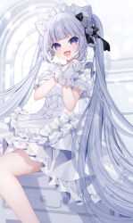 Rule 34 | 1girl, :d, absurdres, animal ear fluff, animal ears, black bow, blue eyes, blush, bow, breasts, commentary request, dress, feet out of frame, flower, frilled dress, frills, gloves, grey flower, grey hair, grey rose, hair bow, hair flower, hair ornament, hands up, highres, indoors, interlocked fingers, long hair, looking at viewer, medium breasts, open mouth, original, own hands clasped, own hands together, puffy short sleeves, puffy sleeves, purple eyes, rose, sapphire (sapphire25252), short sleeves, sitting, smile, solo, twintails, very long hair, white dress, white gloves, window