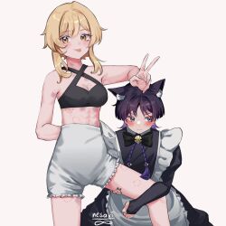1boy 1girl :p alternate_costume animal_ear_fluff animal_ears apron arm_behind_back artist_name averting_eyes bare_arms bare_shoulders bell black_bow black_bowtie black_bra black_dress blonde_hair blush bow bowtie bra cat_boy cat_ears closed_mouth commentary crossdressing dress english_commentary enmaided feet_out_of_frame genshin_impact hand_on_another&#039;s_head hickey highres juliet_sleeves long_sleeves looking_at_viewer lumine_(genshin_impact) maid neck_bell nesaki puffy_sleeves purple_eyes purple_hair scaramouche_(genshin_impact) short_hair short_hair_with_long_locks shorts simple_background tongue tongue_out underwear v wanderer_(genshin_impact) white_apron white_background white_shorts yellow_eyes