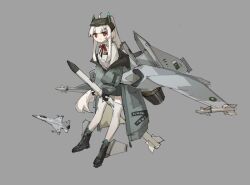 black_shoes blunt_bangs frider grey_jacket headgear highres jacket jf-17_thunder mecha_musume original pakistani_flag personification puffy_sleeves red_eyes riding_rocket shoes tachi-e thighhighs vehicle_and_personification war_thunder white_hair white_thighhighs