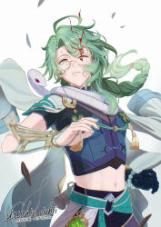 1boy absurdres ahoge animal animal_around_neck aqua_sash aqua_vest baizhu_(genshin_impact) bead_bracelet beads black_gloves black_shirt blood blood_on_face bracelet braid broken_eyewear changsheng_(genshin_impact) chinese_clothes commentary_request crop_top genshin_impact glasses gloves green_hair hair_between_eyes highres jewelry long_hair midriff navel one_eye_closed pants parted_lips purple_pants semi-rimless_eyewear shirt short_sleeves sidelocks simple_background single_glove snake standing tassel twitter_username under-rim_eyewear usushio_oishii vambraces vision_(genshin_impact) white_background white_snake yellow-framed_eyewear yellow_eyes