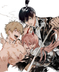 1girl 2boys animal_collar black_hair black_jacket black_necktie black_suit blonde_hair blush brown_eyes chainsaw_man cigarette collar commentary_request cross-shaped_pupils denji_(chainsaw_man) formal_clothes hayakawa_aki highres holding holding_sword holding_weapon jacket katana long_hair multiple_boys necktie pink_hair power_(chainsaw_man) pull_cord red_eyes sharp_teeth smoking suit sword symbol-shaped_pupils teeth tongue tongue_out topknot topless_male v waltz_(tram) weapon